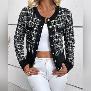New Chic Plaid Tweed Knit Cardigan Sweater Black White